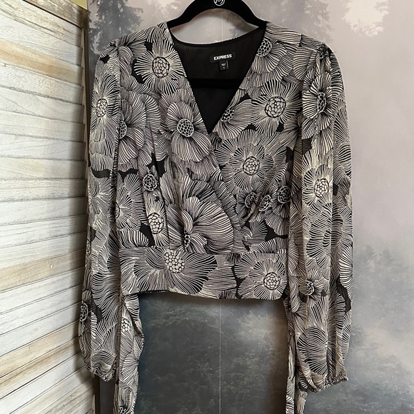 Express Tops - Express Monochrome Floral Wrap Blouse